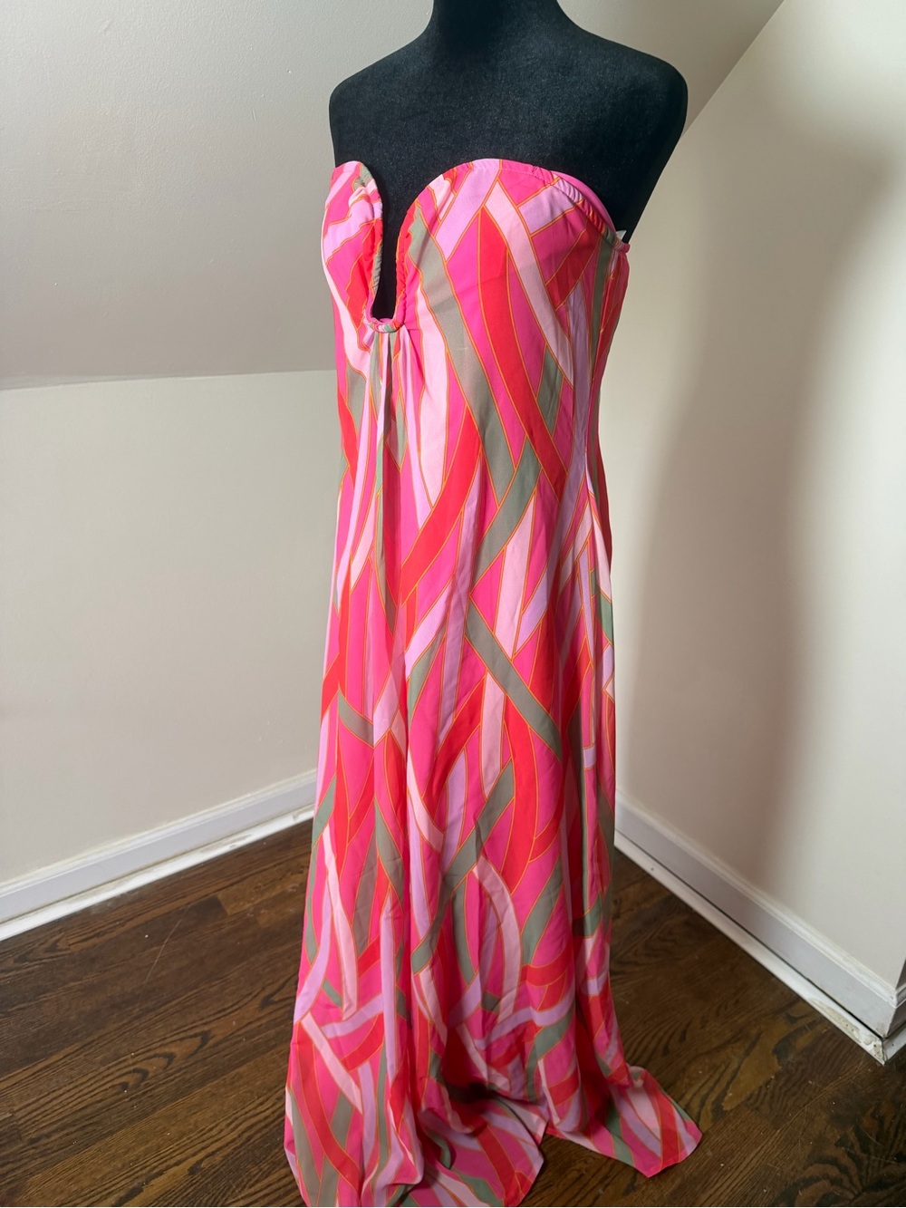 Fashion Nova Strapless Maxi Dress in Pink, Coral & Olive Wave Print